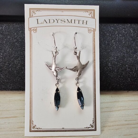 Silver Swallow Earrings With Blue Gems - Picture 1 of 1
